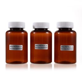 300cc Dark Amber PET Plastic Packer Bottle (F2201P0300) with White Child-Resistant Plastic Cap