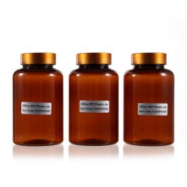 300cc Dark Amber PET Plastic Packer Bottle (F2201P0300) with Electroplated Gold Plastic Cap (Hot Stamped Double Lines on the Side)