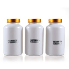 500cc Opaque White PET Plastic Packer Bottle (F2201P0500) with Electroplated Gold Plastic Cap (Hot Stamped Double Lines on the Side)