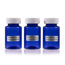 120cc Blue PET Plastic Packer Bottle (F2202P0120) with White Child-Resistant Plastic Cap