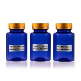 120cc Blue PET Plastic Packer Bottle (F2202P0120) with Electroplated Gold Plastic Cap (Hot Stamped Double Lines on the Side)