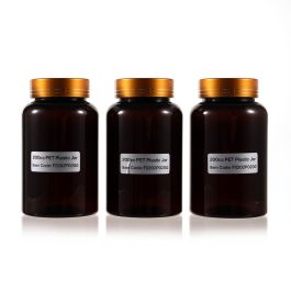 200cc Amber PET Plastic Packer Bottle (F2202P0200) with Electroplated Gold Plastic Cap (Hot Stamped Double Lines on the Side)