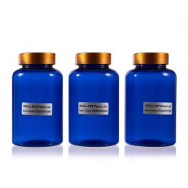 300cc Blue PET Plastic Packer Bottle (F2202P0300) with Electroplated Gold Plastic Cap (Hot Stamped Double Lines on the Side)