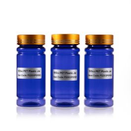 100cc Blue PET Plastic Packer Bottle (F2203P0100) with Electroplated Gold Plastic Cap (Hot Stamped Double Lines on the Side)