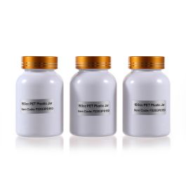 150cc Opaque White PET Plastic Packer Bottle (F2203P0150) with Electroplated Gold Plastic Cap (Hot Stamped Double Lines on the Side)