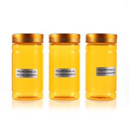 175cc Yellow PET Plastic Packer Bottle (F2203P0175) with Electroplated Gold Plastic Cap (Hot Stamped Double Lines on the Side)