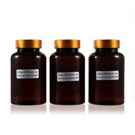 200cc Amber PET Plastic Packer Bottle (F2203P0200) with Electroplated Gold Plastic Cap (Hot Stamped Double Lines on the Side)