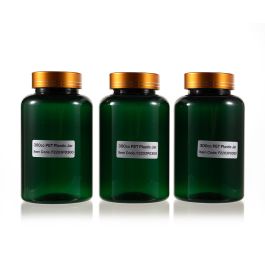 300cc Green PET Plastic Packer Bottle (F2203P0300) with Electroplated Gold Plastic Cap (Hot Stamped Double Lines on the Side)