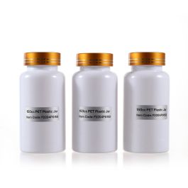 150cc Opaque White PET Plastic Packer Bottle (F2204P0150) with Electroplated Gold Plastic Cap (Hot Stamped Double Lines on the Side)