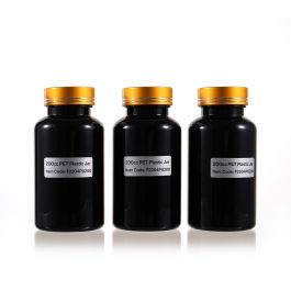 200cc Black PET Plastic Packer Bottle (F2204P0200) with Electroplated Gold Plastic Cap (Hot Stamped Double Lines on the Side)