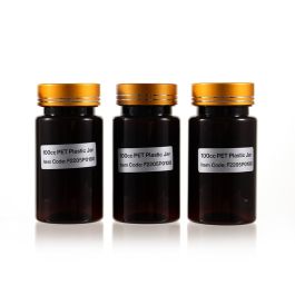 100cc Amber PET Plastic Packer Bottle (F2205P0100) with Electroplated Gold Plastic Cap (Hot Stamped Double Lines on the Side)