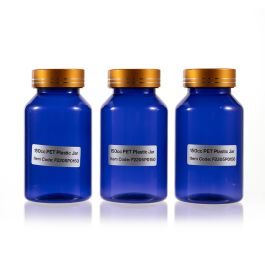 150cc Blue PET Plastic Packer Bottle (F2205P0150) with Electroplated Gold Plastic Cap (Hot Stamped Double Lines on the Side)