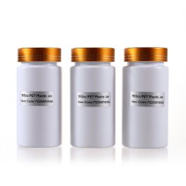 150cc Opaque White PET Plastic Packer Bottle (F2206P0150) with Electroplated Gold Plastic Cap (Hot Stamped Double Lines on the Side)