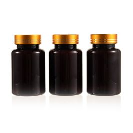 120cc Amber PET Plastic Packer Bottle (F3001P0120) with Electroplated Gold Plastic Cap (Hot Stamped Double Lines on the Side)