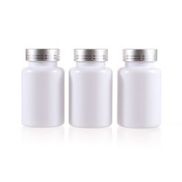 120cc White PET Plastic Packer Bottle (F3001P0120) with Electroplated Silver Plastic Cap (Hot Stamped Double Lines on the Side)