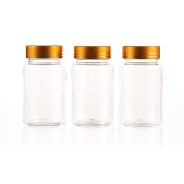 100cc Clear PET Plastic Packer Bottle (F3002P0100) with Electroplated Gold Plastic Cap (Hot Stamped Double Lines on the Side)