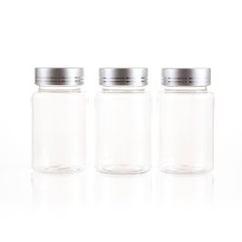 100cc Clear PET Plastic Packer Bottle (F3002P0100) with Electroplated Silver Plastic Cap (Hot Stamped Double Lines on the Side)
