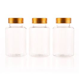 175cc Clear PET Plastic Packer Bottle (F3002P0175) with Electroplated Gold Plastic Cap (Hot Stamped Double Lines on the Side)