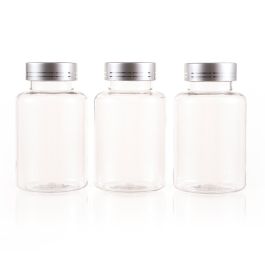 175cc Clear PET Plastic Packer Bottle (F3002P0175) with Electroplated Silver Plastic Cap (Hot Stamped Double Lines on the Side)