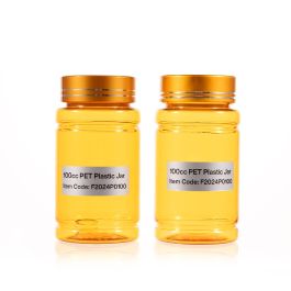 100cc Yellow PET Plastic Packer Bottle (F2024P0100) with Electroplated Gold Plastic Cap (Hot Stamped Double Lines on the Side)