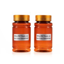 100cc Amber PET Plastic Packer Bottle (F2024P0100) with Electroplated Gold Plastic Cap (Hot Stamped Double Lines on the Side)