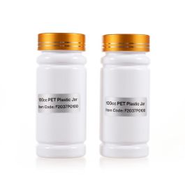 100cc White PET Plastic Packer Bottle (F2037P0100) with Electroplated Gold Plastic Cap (Hot Stamped Double Lines on the Side)