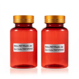 150cc Red PET Plastic Packer Bottle (F2074P0150) with Electroplated Gold Plastic Cap (Hot Stamped Double Lines on the Side)
