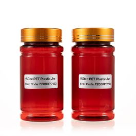 150cc Red PET Plastic Packer Bottle (F2080P0150) with Electroplated Gold Plastic Cap (Hot Stamped Double Lines on the Side)