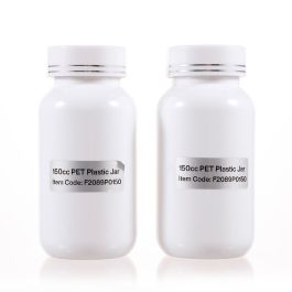 150cc White PET Plastic Packer Bottle (F2089P0150) with Electroplated White Plastic Cap (Hot Stamped Double Lines on the Side)