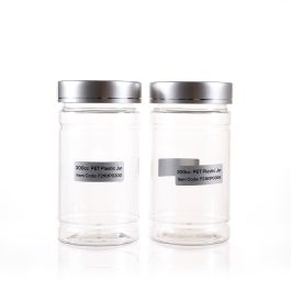 300cc Clear PET Plastic Packer Bottle (F2161P0300) with Electroplated Silver Plastic Cap (Hot Stamped Single Lines on the Side)
