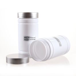 380cc White PET Plastic Packer Bottle (F2170P0380) with Electroplated Silver Plastic Cap (Hot Stamped Single Lines on the Side)