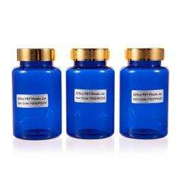 225cc Blue PET Plastic Packer Bottle (F3021P0225) with Gold Plastic Cap