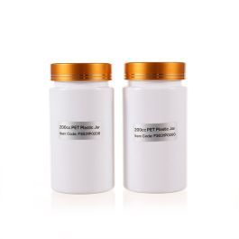 200cc Opaque White PET Plastic Packer Bottle (F3031P0200) with Electroplated Gold Plastic Cap (Hot Stamped Double Lines on the Side)