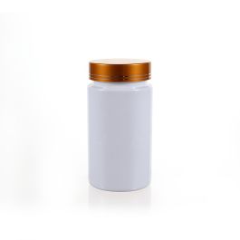 200cc Opaque White PET Plastic Packer Bottle (F3031P0200) with Electroplated Gold Plastic Cap (Hot Stamped Double Lines on the Side)