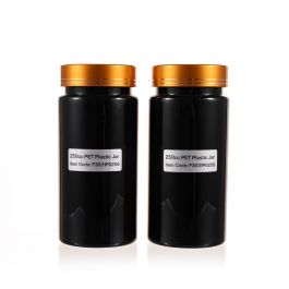 250cc Black PET Plastic Packer Bottle (F3031P0250) with Electroplated Gold Plastic Cap (Hot Stamped Double Lines on the Side)